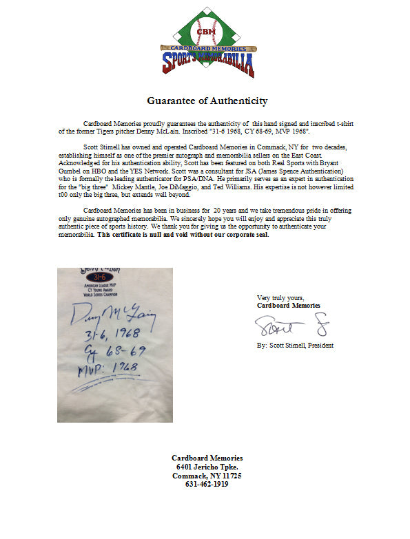 Denny McLain Signed 1968 Season Stat CY MVP 31-6 T-Shirt Auto Tigers COA