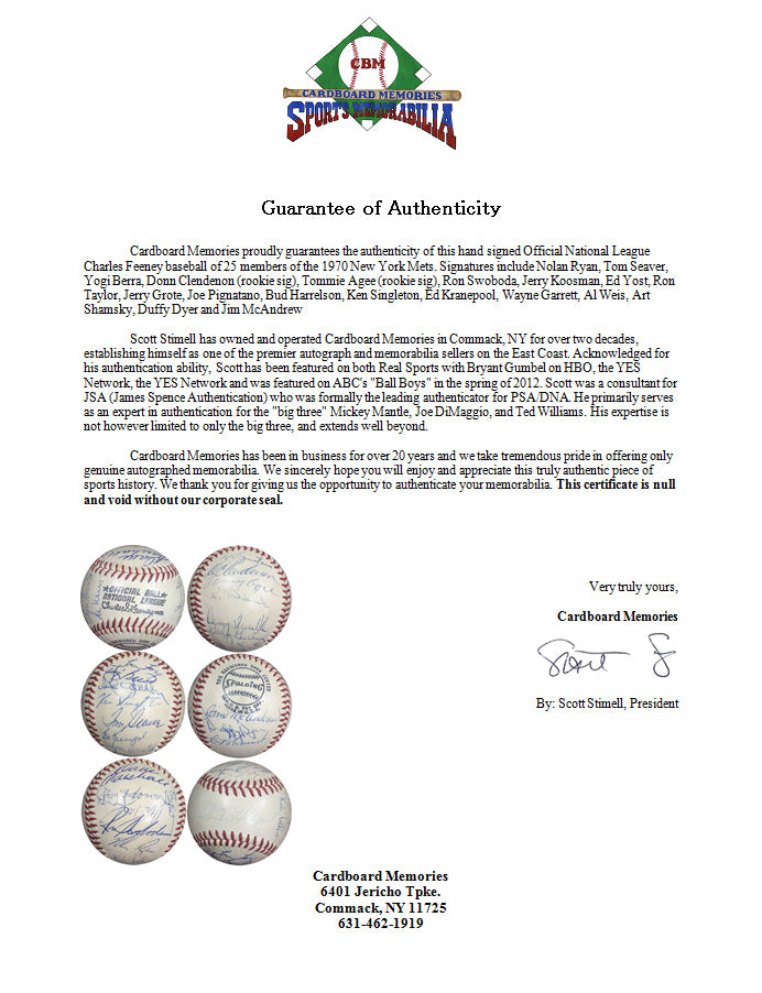 1970 NY Mets Team Signed NL Feeney Baseball 25 Autos Berra Ryan Seaver Auto COA