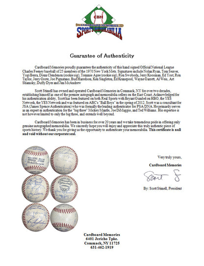 1970 NY Mets Team Signed NL Feeney Baseball 25 Autos Berra Ryan Seaver Auto COA