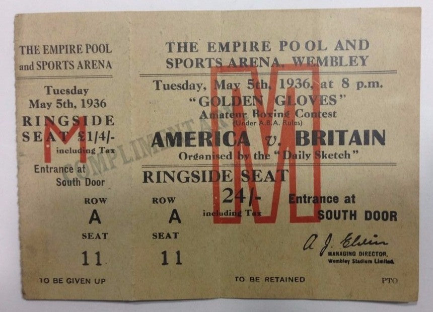1936 Golden Gloves full Boxing Ticket America Vs Britain Ringside Wembley Rare