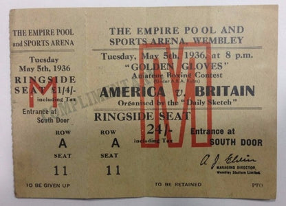 1936 Golden Gloves full Boxing Ticket America Vs Britain Ringside Wembley Rare