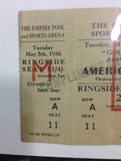 1936 Golden Gloves full Boxing Ticket America Vs Britain Ringside Wembley Rare