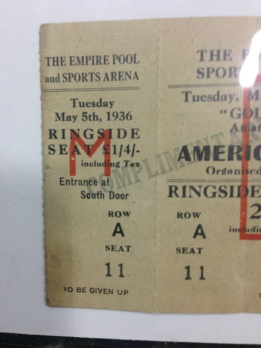 1936 Golden Gloves full Boxing Ticket America Vs Britain Ringside Wembley Rare