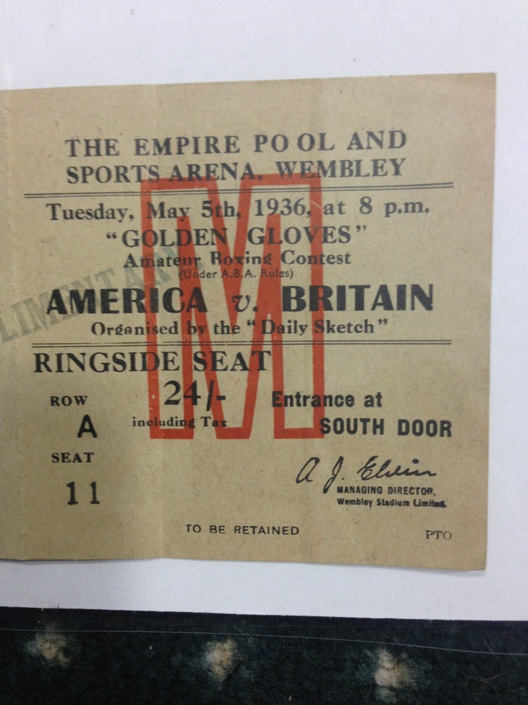 1936 Golden Gloves full Boxing Ticket America Vs Britain Ringside Wembley Rare
