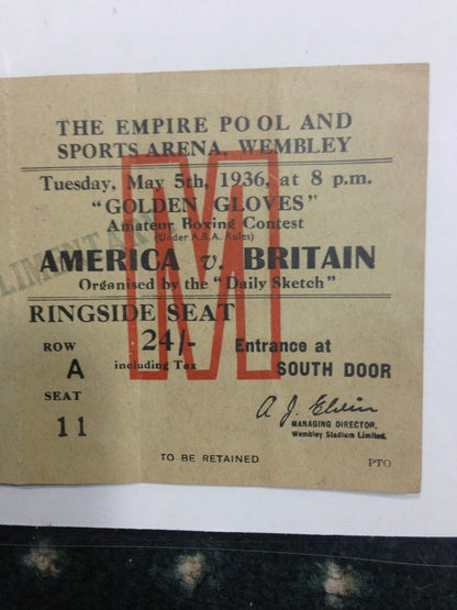 1936 Golden Gloves full Boxing Ticket America Vs Britain Ringside Wembley Rare