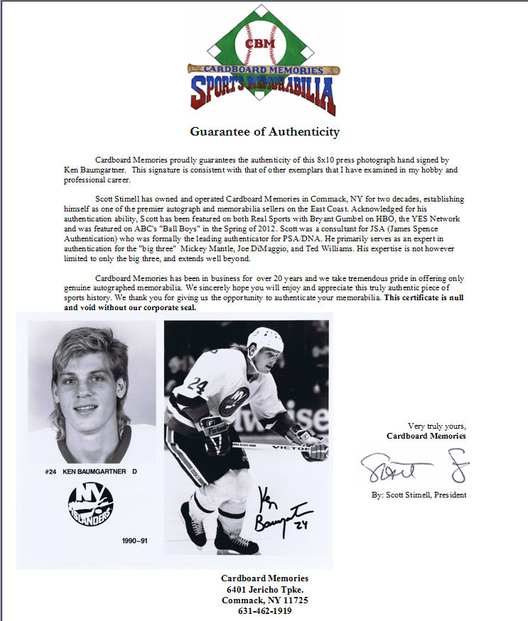 Ken Baumgartner Signed 8x10 Press Photo 1990-91 NY Islanders Autograph cbm COA
