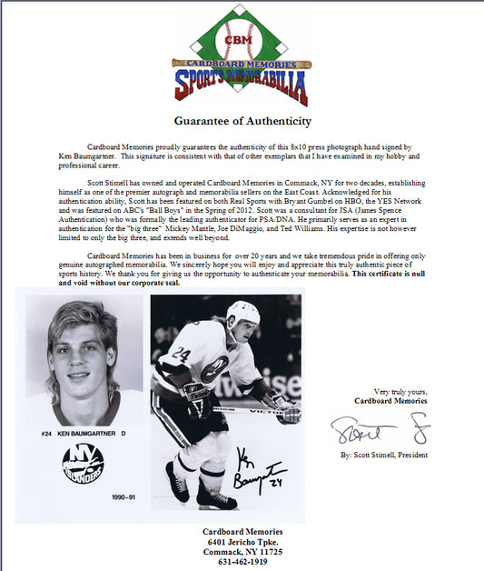 Ken Baumgartner Signed 8x10 Press Photo 1990-91 NY Islanders Autograph cbm COA