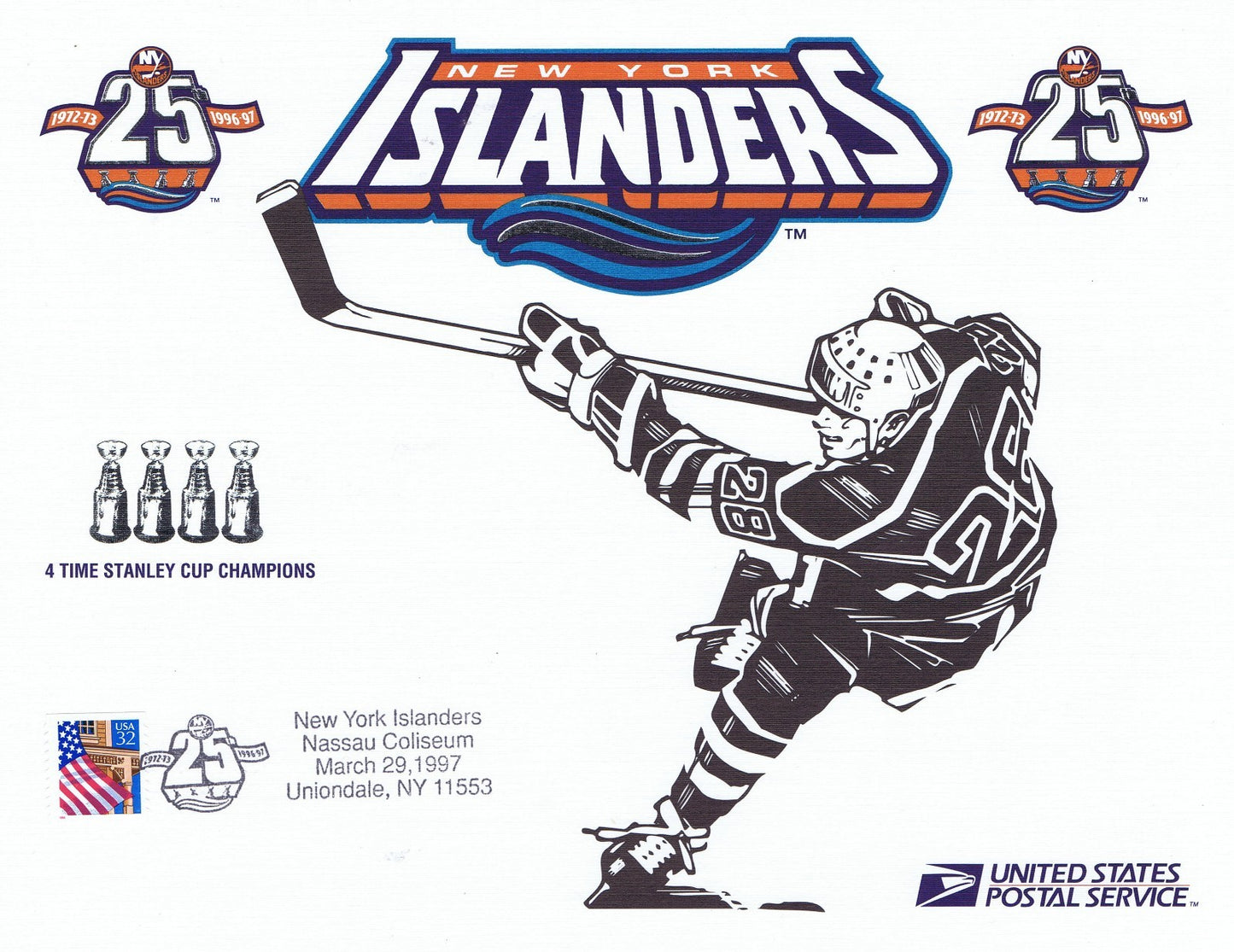 NY Islanders Postmarked 25th Anniversary Nassau Coliseum 4 Cups USPS 8x11 Photo