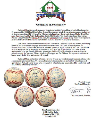1992 Philadelphia Phillies Team Signed NL Baseball 31 Auto CURT Schilling COA
