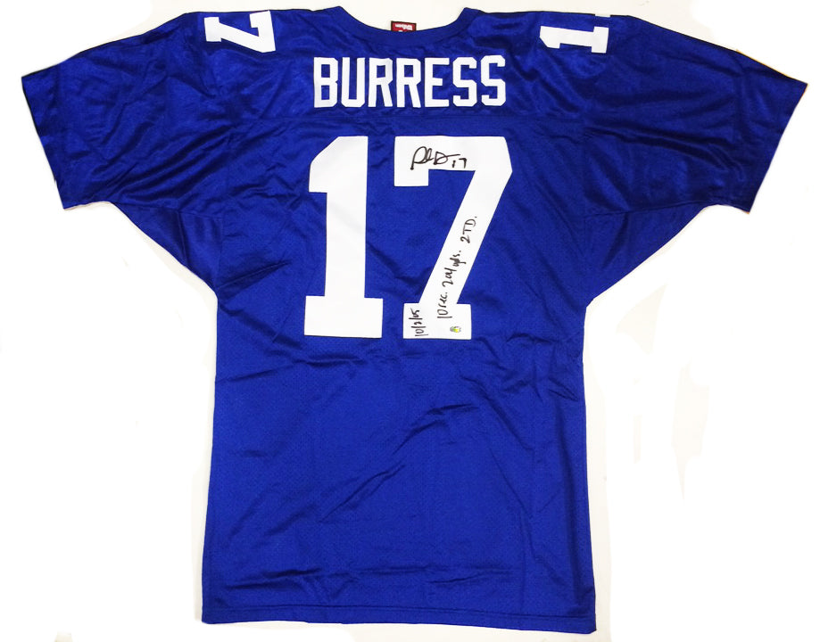 Plaxico Burress Signed Inscribed 10 Rec. 204 Yds 2 TD 10/2/05 Giants Jersey GTSM