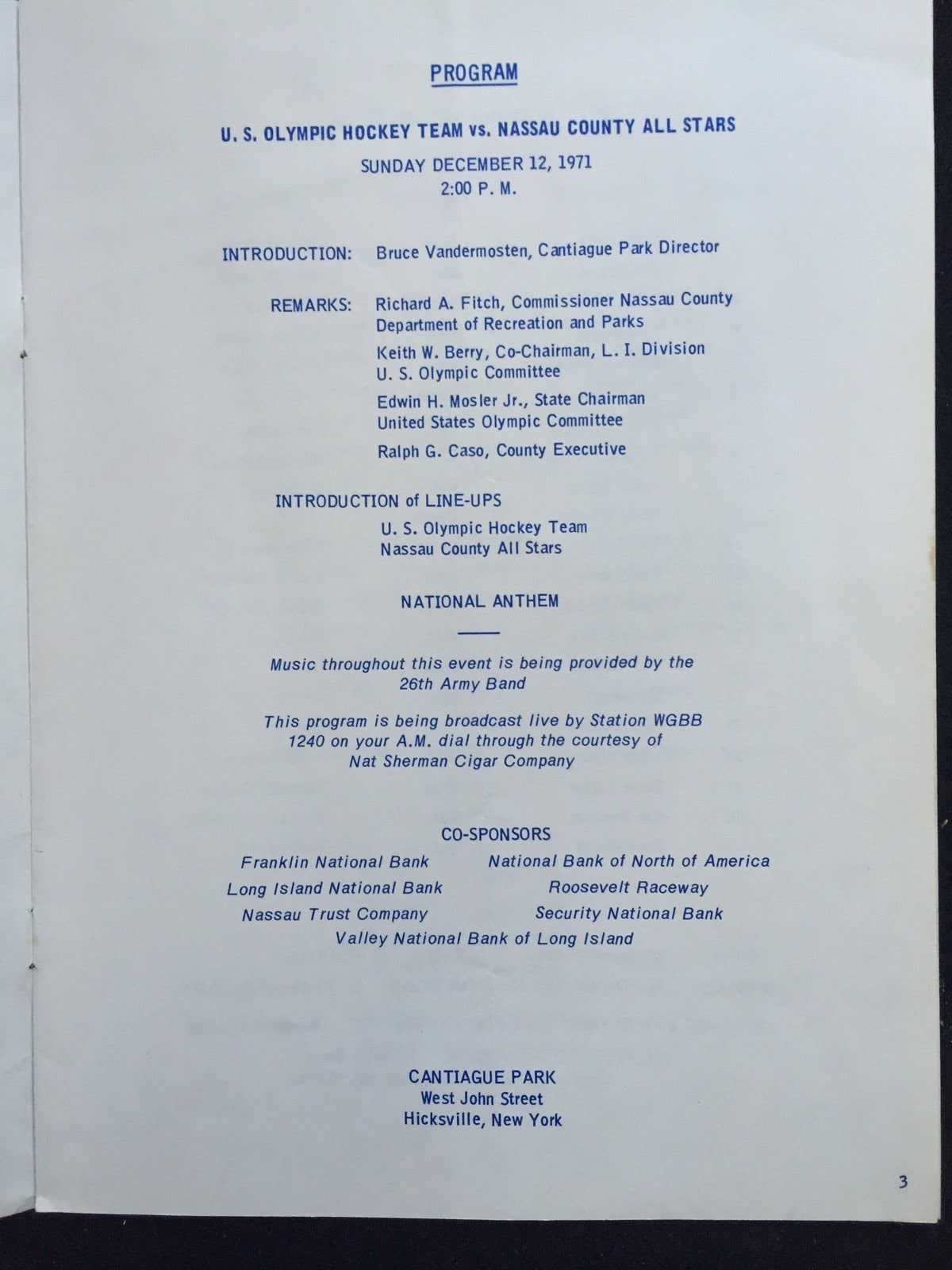 1972 Usa Olympic Hockey Team Vs Nassau Long Island All Stars Program Nm Rare