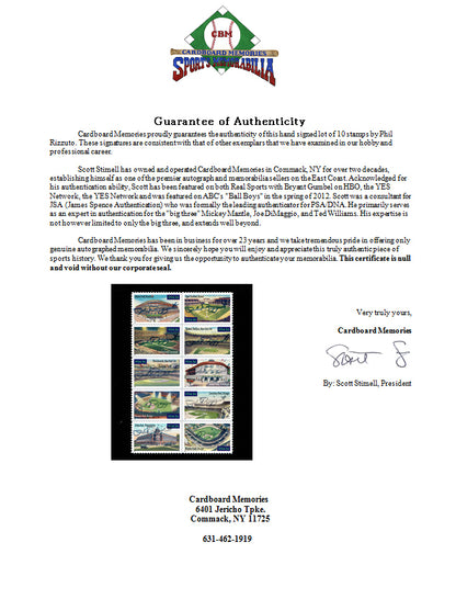 Phil Rizzuto yankees signed Stamp sheet Ballpark 34 Stamps 10 auto CBM COA 1/1