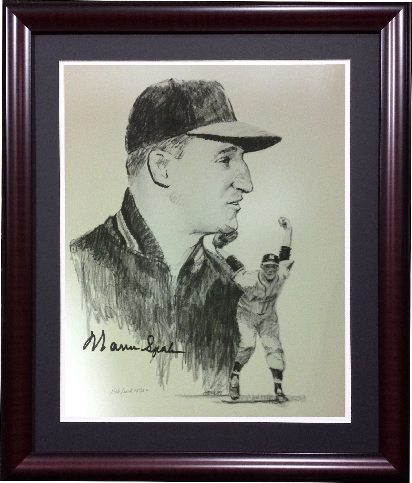 Warren Spahn Braves signed 11x14 Lithograph HOF artist Auto framed LE/250 COA