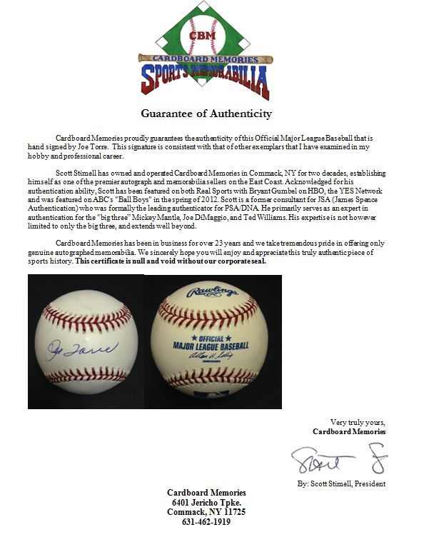 Joe Torre Yankees signed official MLB baseball autograph HOF Manager CBM COA