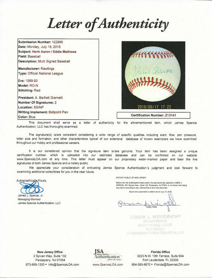 Hank Aaron Eddie Mathews Braves 500 HR HOF dual signed NL baseball auto JSA Coa