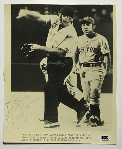 Yogi Berra Tom Gorman Dual Signed ejection 8x10 original wire photo Hof SGC Coa