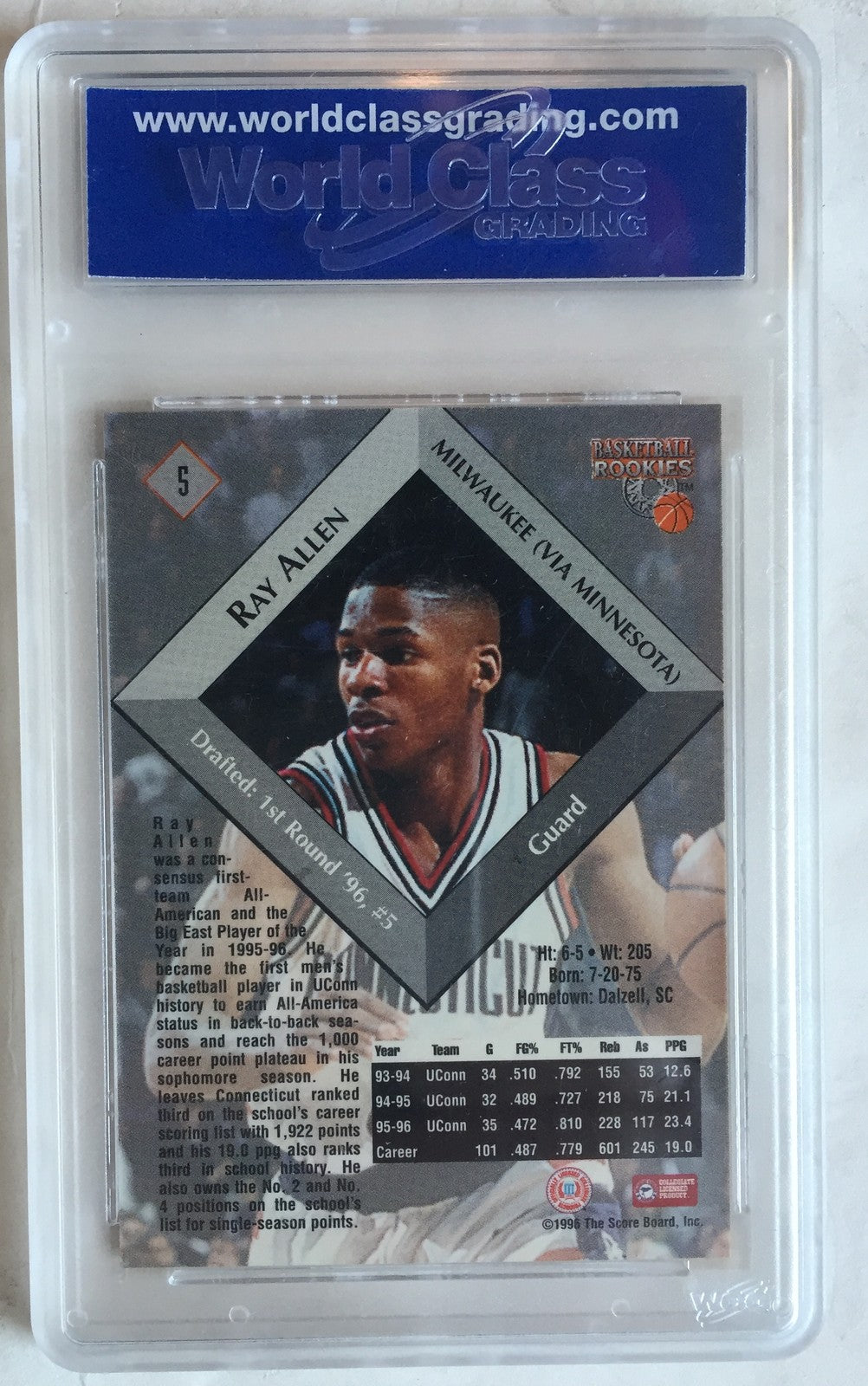 Ray Allen 1996 Score Board Basketball Rookies WCG 10 Gem Mint #5 RC CONNECTICUT
