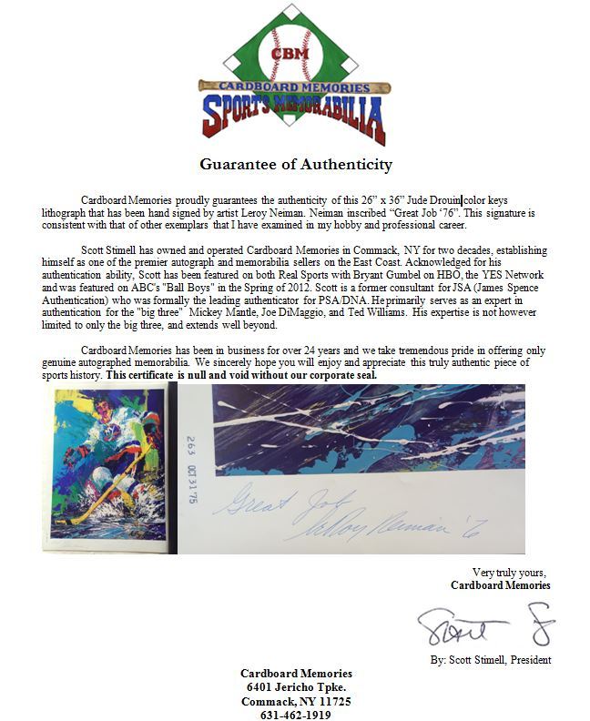 Jude Drouin Islanders Leroy Neiman hand signed 10 color keys litho INS auto COA