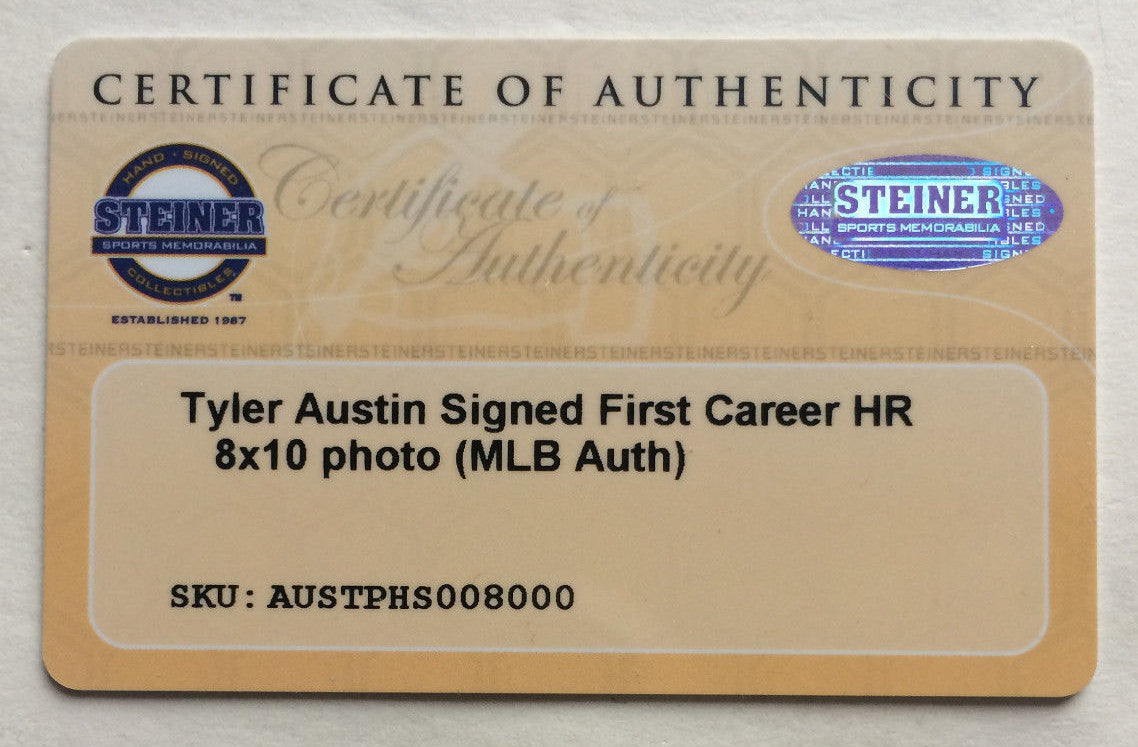 Tyler Austin signed 8x10 photo Yankees Rookie 1st MLB AT BAT HR auto Steiner COA