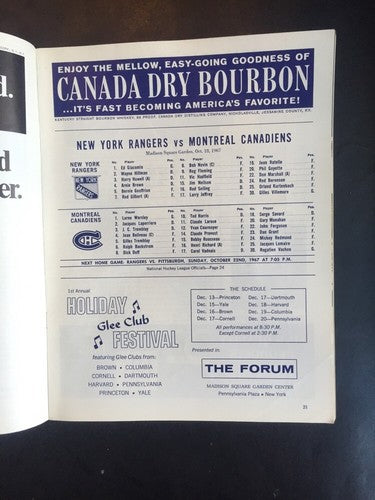 Ny Rangers Vs Canadiens Oct 18 1967 Program Nm Msg