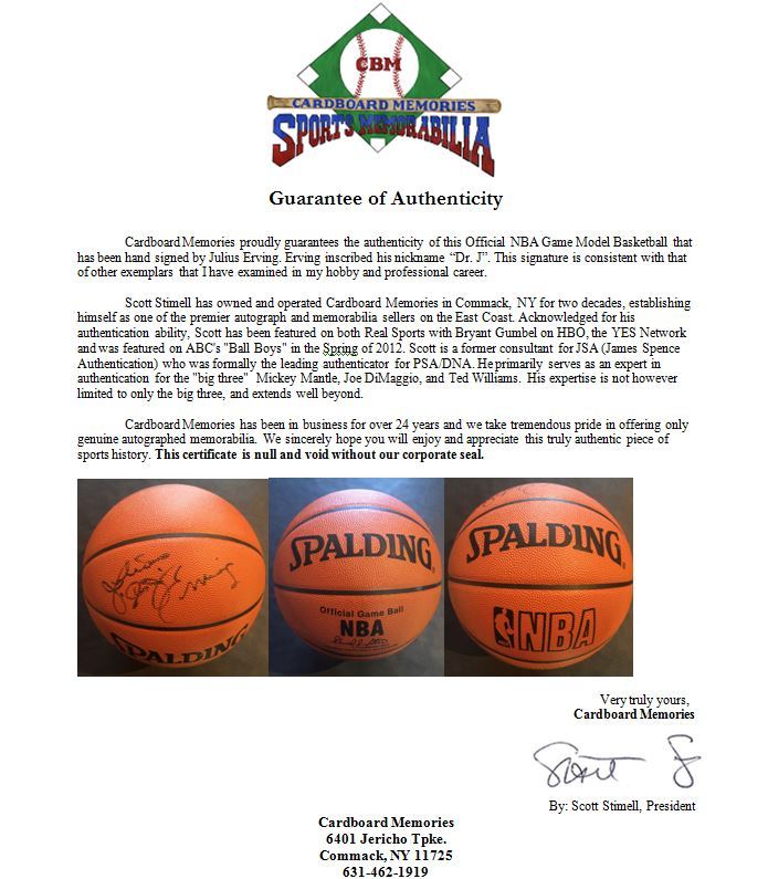 Julius Erving Nets 76ers signed NBA Pro game basketball INS Dr J auto CBM COA