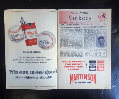 1964 MICKEY MANTLE HR 4 Rbi New York Yankees program scorecard Nm 3 Hits Rare