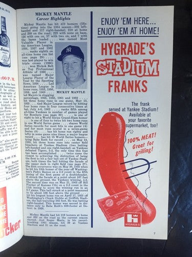1964 MICKEY MANTLE HR 4 Rbi New York Yankees program scorecard Nm 3 Hits Rare