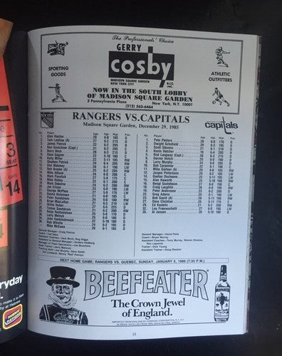 January 10 1986 Ny Rangers vs Capitals Hockey Program & Ticket MSG Barry Beck Mt