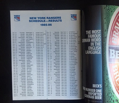 January 10 1986 Ny Rangers vs Capitals Hockey Program & Ticket MSG Barry Beck Mt