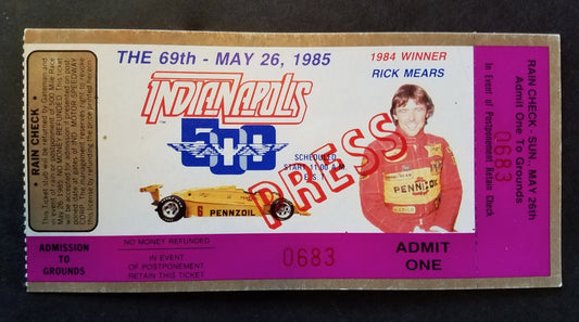 1985 INDIANAPOLIS Indy 500 Press TICKET Stub Nm - Mint May 26 Danny Sullivan