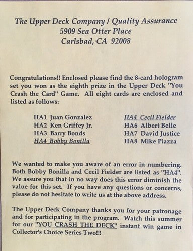 1994 Ud HOME RUN ALL STARS 8 CARD HOLOGRAM SET Coa Griffey Jr Bonds Piazza