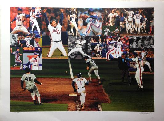 1986 Mets World Series Lithograph Photo 16x21 Signed Bill Purdom Shea Stadium LE