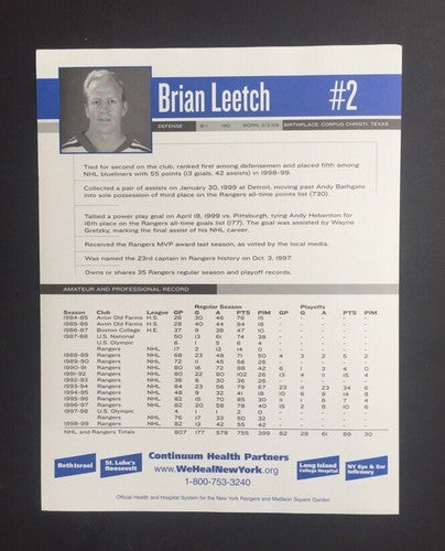 Brian Leetch Rangers 8X10 photo 1999/2000 Limited Edition /3000 Rare Msg Sga