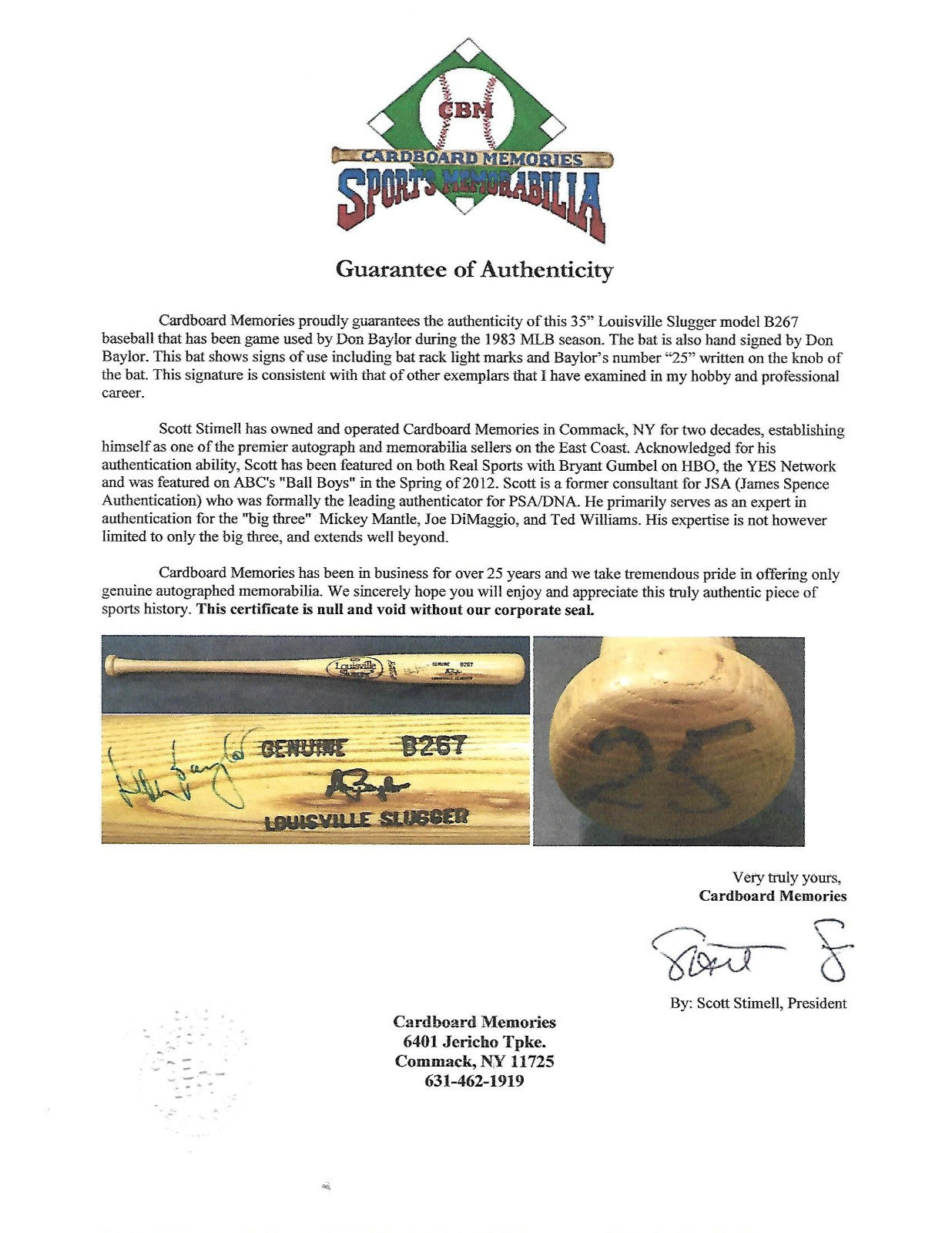 Don Baylor signed game used 1983 Yankees LS B267 baseball bat auto CBM COA