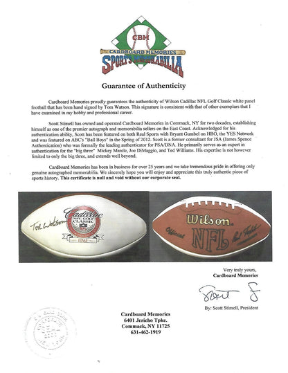 Tom Watson signed Wilson Cadillac NFL Golf classic white panel football auto COA