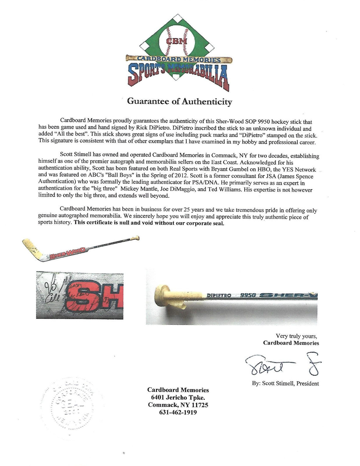 Rick DiPietro Islanders signed game used Sher-Wood hockey Goalie stick Auto COA