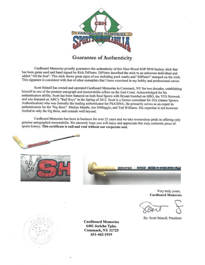 Rick DiPietro Islanders signed game used Sher-Wood hockey Goalie stick Auto COA