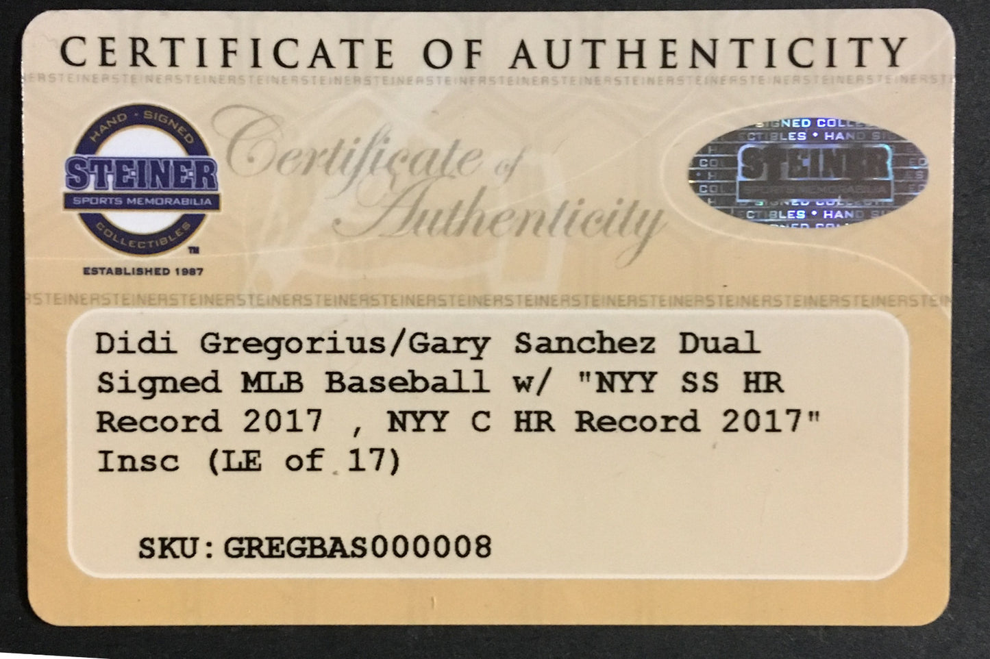 Didi Gregorius Gary Sanchez Yankees signed baseball Most HR auto Steiner 1/17 MT