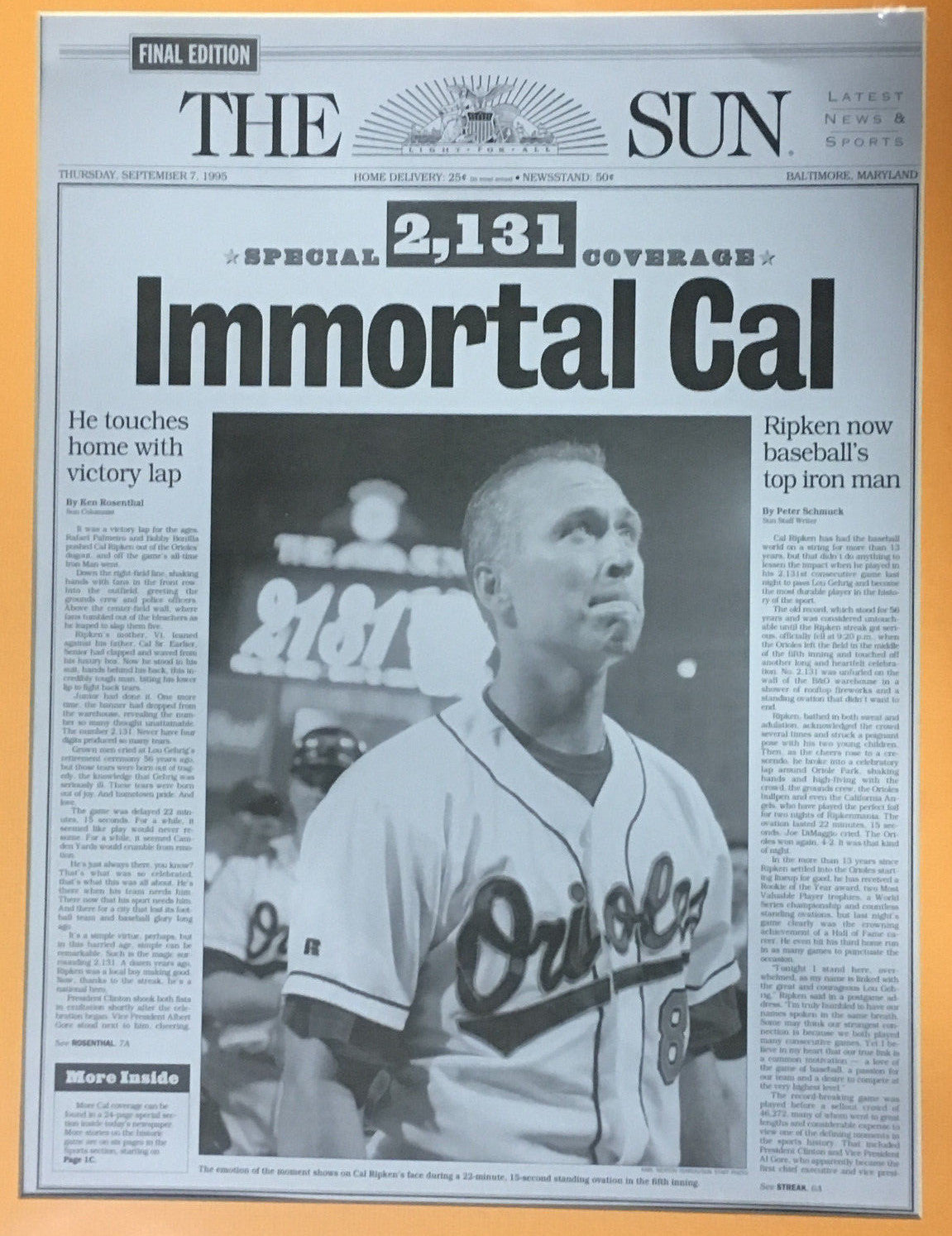 Cal Ripken Jr 2131 Iron Man Record 9/7/ 1995 Baltimore Sun printing plate framed