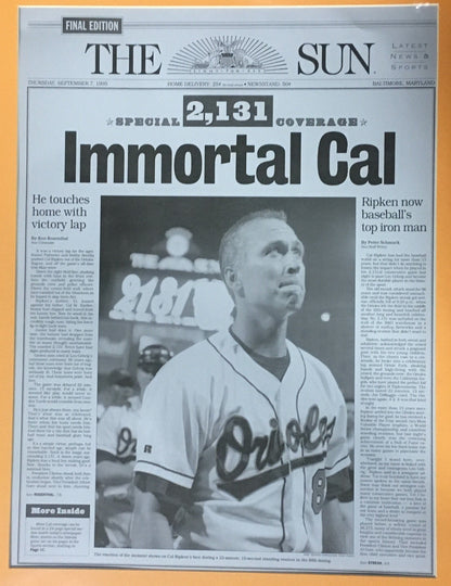 Cal Ripken Jr 2131 Iron Man Record 9/7/ 1995 Baltimore Sun printing plate framed