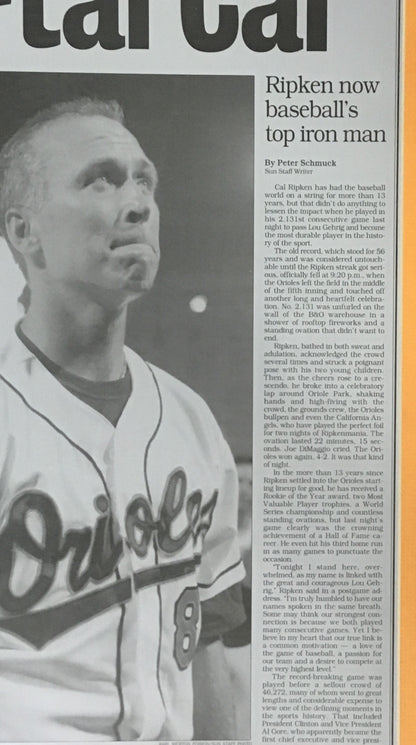 Cal Ripken Jr 2131 Iron Man Record 9/7/ 1995 Baltimore Sun printing plate framed