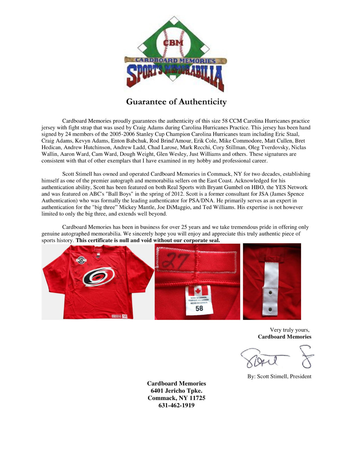2005-06 Carolina Hurricanes Stanley Cup team signed game used jersey 24 auto COA