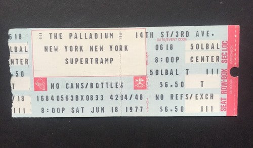 SUPERTRAMP CONCERT Ticket Stub June 18 1977 The Palladium New York RARE