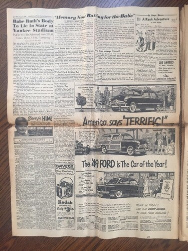 Babe Ruth Dies New York Journal American newspaper August 17 1948 Rare ORIGINAL