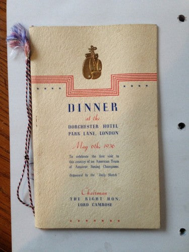 First Visit American Boxing Team Program To London Dorchestor Hotel 1936 MINT