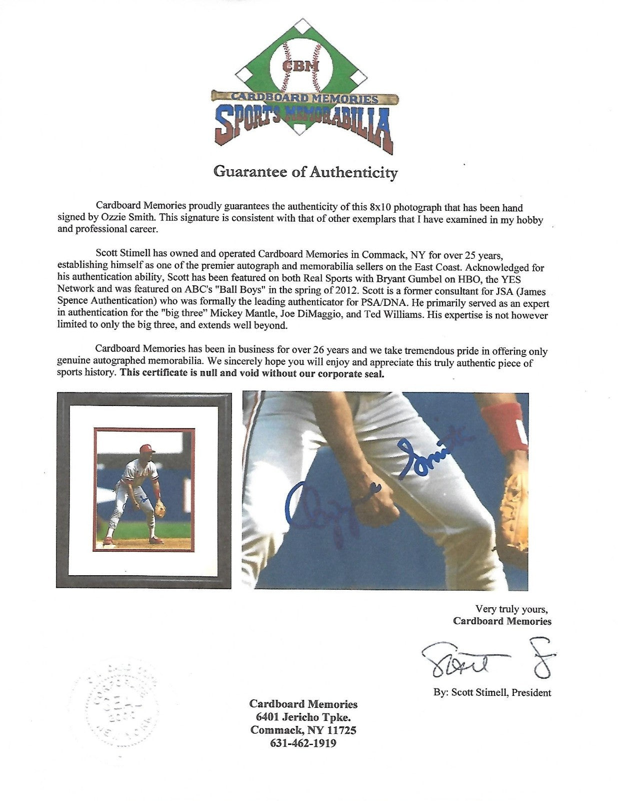 Ozzie Smith Cardinals signed 8x10 photo framed autograph HOF CBM COA