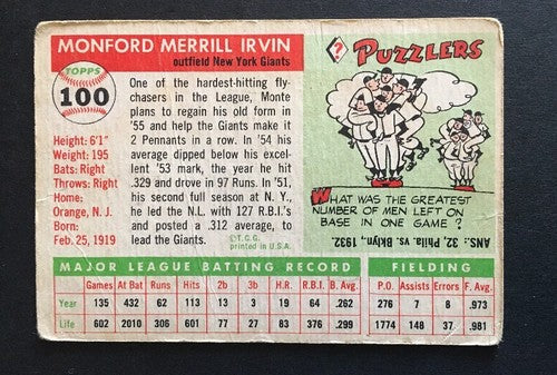 1955 Topps Monte Irvin #100 Original Signed MINT Vintage AUTO Cbm Coa Hof Giants