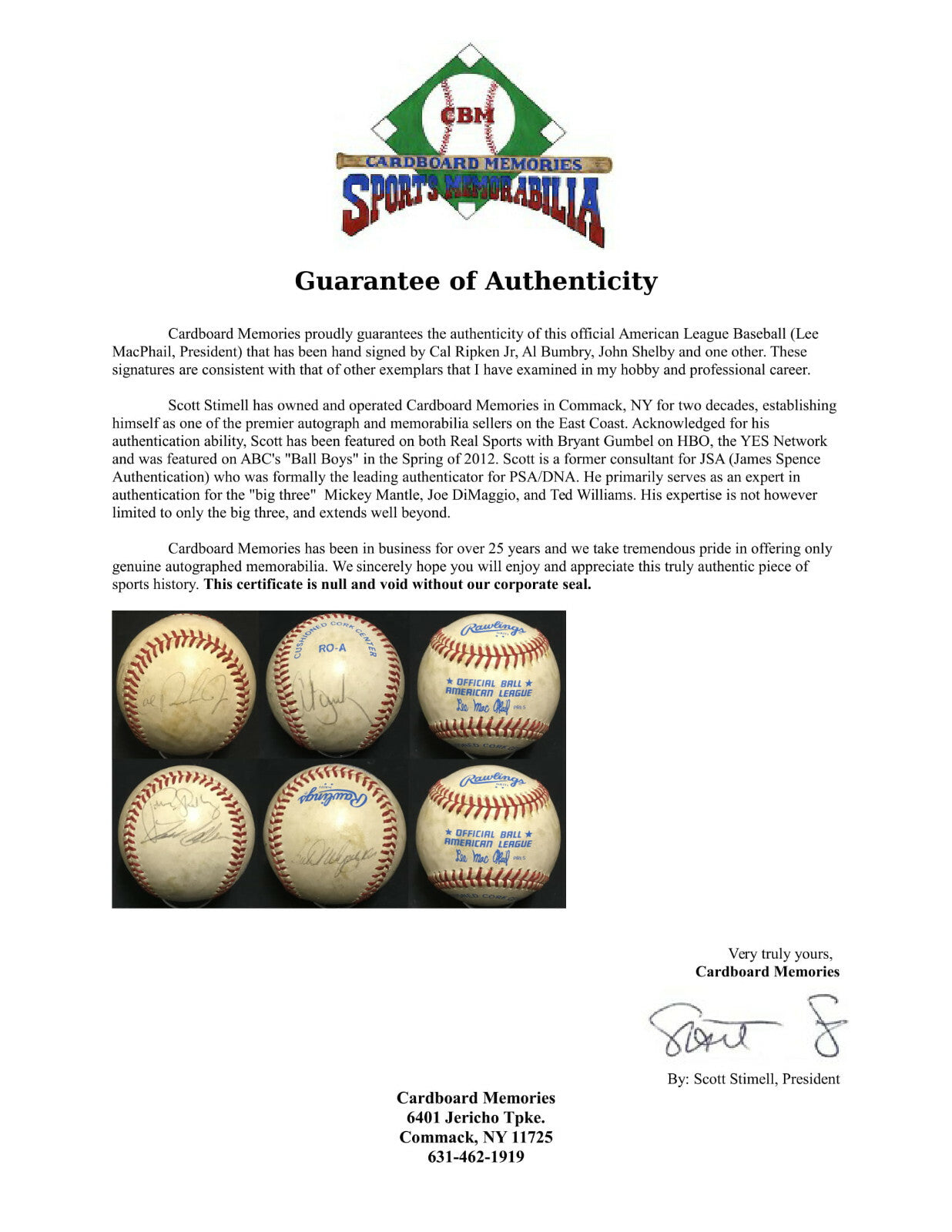 Cal Ripken Jr signed AL Lee MacPhail baseball rare rookie auto Bumbry Shelby COA