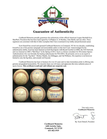 Cal Ripken Jr signed AL Lee MacPhail baseball rare rookie auto Bumbry Shelby COA