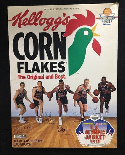 Kellogg's Corn Flakes 1992 US Olympic Jacket Box David Robinson Larry Bird 24 Oz